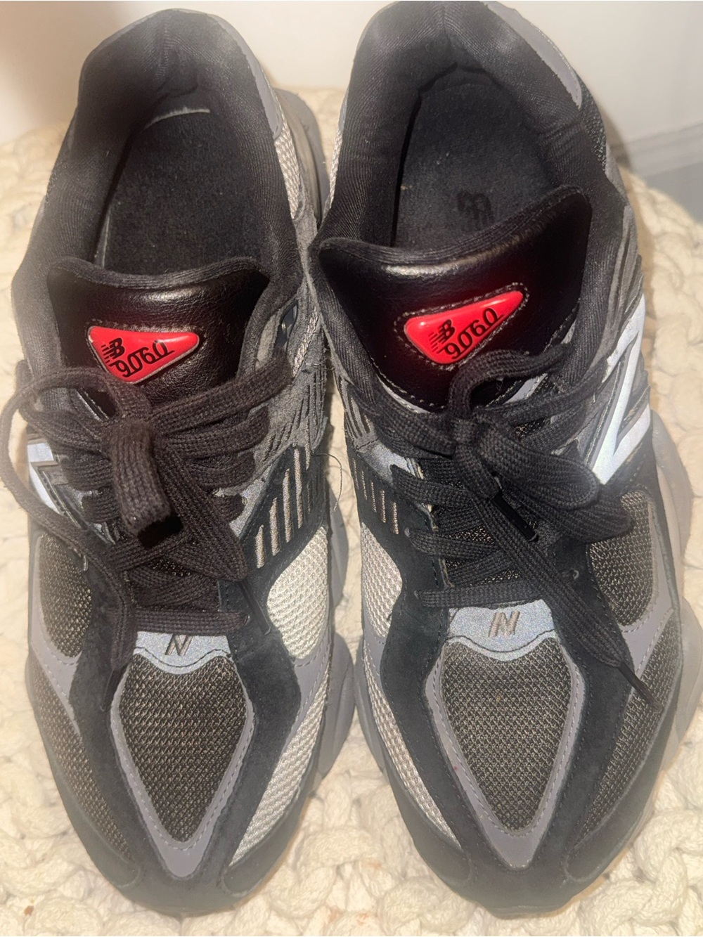 New Balance Men's Gray and Black 9060 Athletic Sneakers with Red Tongue Accent